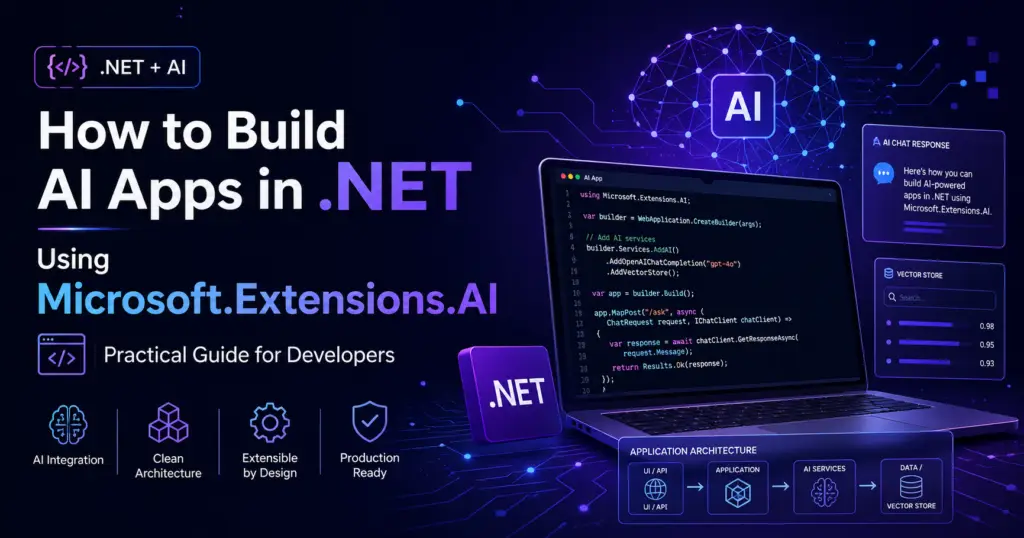 Featured image for a .NET AI development article showing the title “How to Build AI Apps in .NET Using Microsoft.Extensions.AI,” with a futuristic laptop displaying code, AI interface panels, a neural network graphic, and software architecture elements in a dark blue and purple tech design.