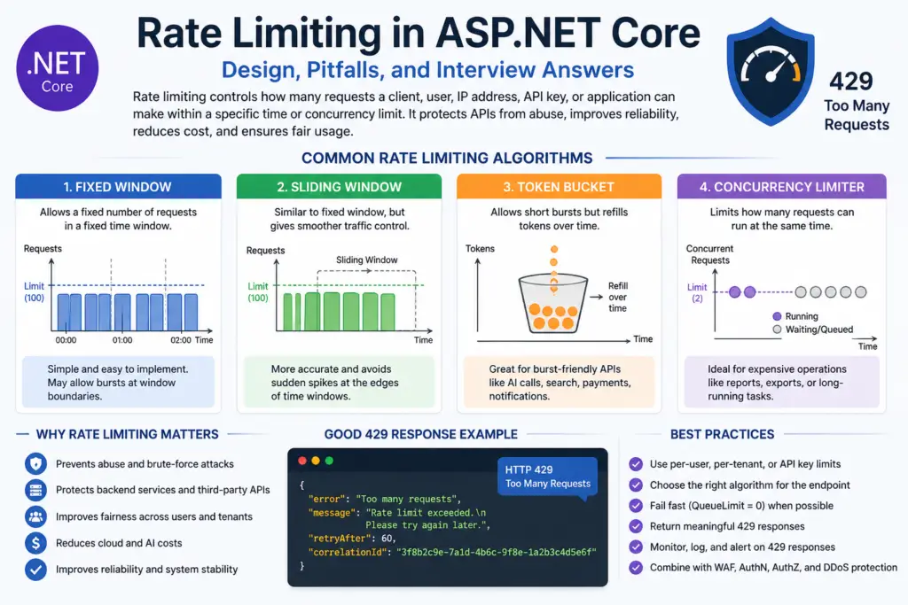 Infographic explaining rate limiting in ASP.NET Core with fixed window, sliding window, token bucket, concurrency limiter, and 429 Too Many Requests response.