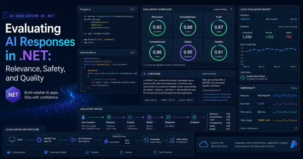 Evaluating AI Responses in .NET dashboard showing relevance safety and quality scores for a .NET AI application