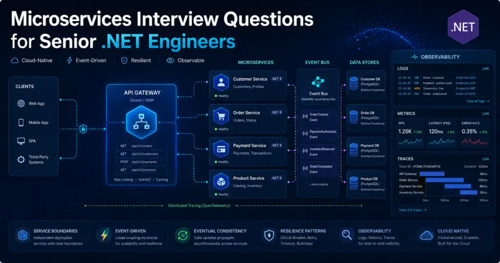 Microservices interview questions for senior .NET engineers covering service boundaries API gateway distributed transactions observability and versioning