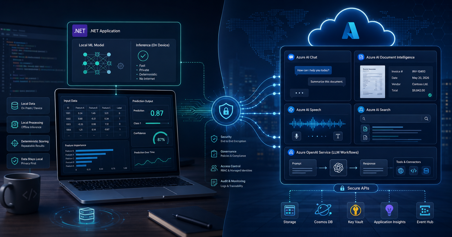 ML.NET vs Azure AI Services comparison for .NET teams showing local prediction models and Azure cloud AI services