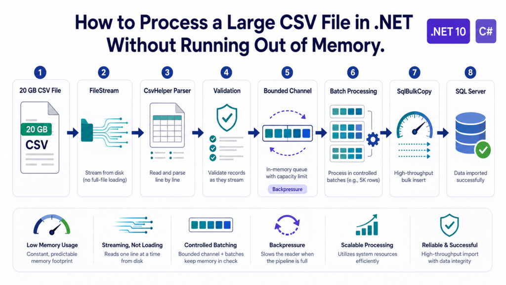 Process a large CSV file in .NET using streaming, batching, and SqlBulkCopy