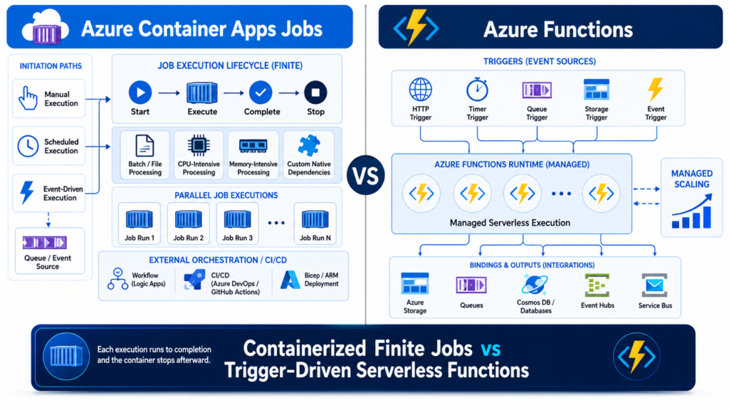 Azure Container Apps Jobs vs Azure Functions architecture comparison for scheduled and event-driven workloads