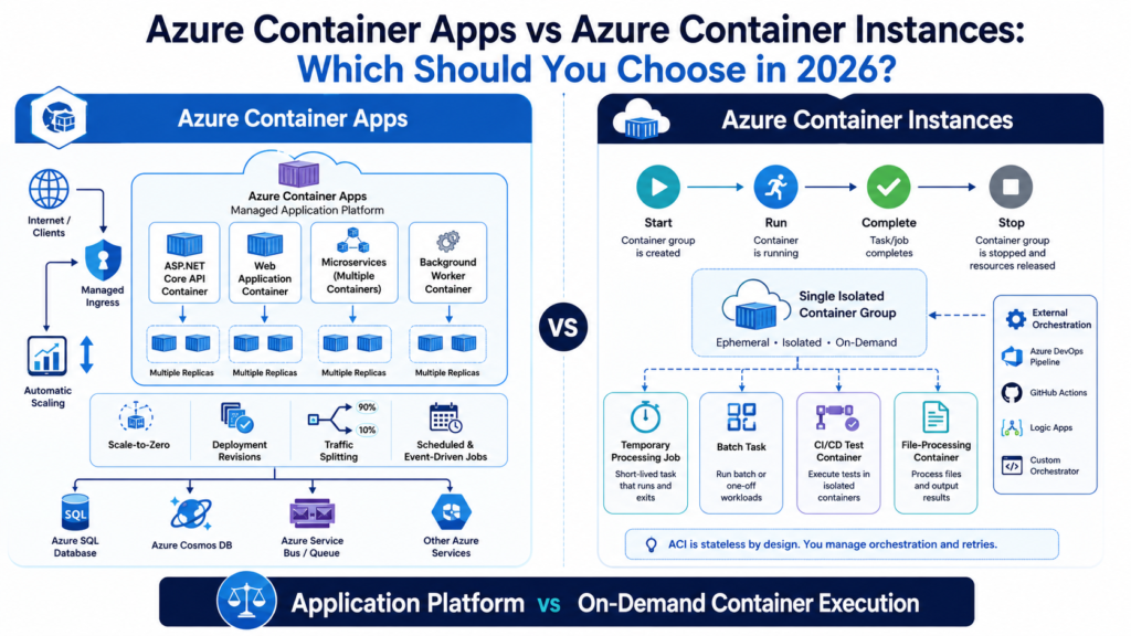 Azure Container Apps vs Azure Container Instances comparison for scaling, deployment, jobs, and ASP.NET Core workloads