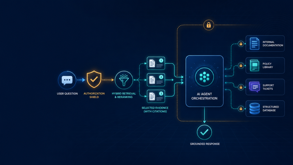 AI agent retrieving authorized information from private enterprise data using a RAG pipeline.