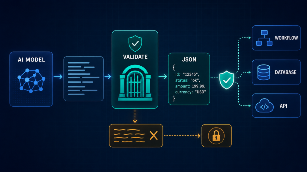 AI model output passing through JSON schema validation before reaching workflow, database, and API systems.