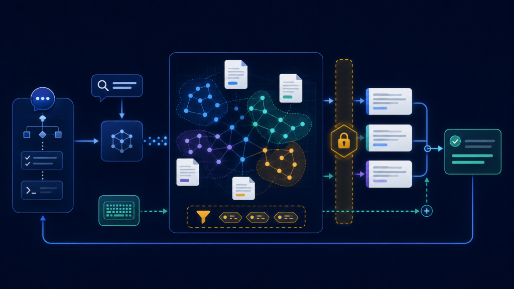 AI agent retrieving relevant document chunks through embeddings, metadata filtering, and hybrid vector search