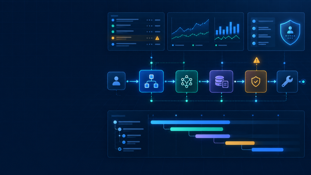 Architecture diagram showing an AI agent run flowing through orchestration, model, RAG retrieval, policy, and tool stages with logs, metrics, nested traces, alerts, and privacy protection.