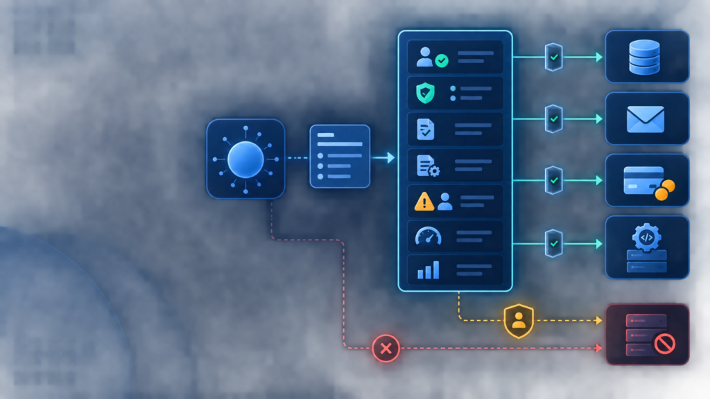 AI agent tool request passing through permissions, validation, approval, rate limiting, and audit controls before accessing protected systems.